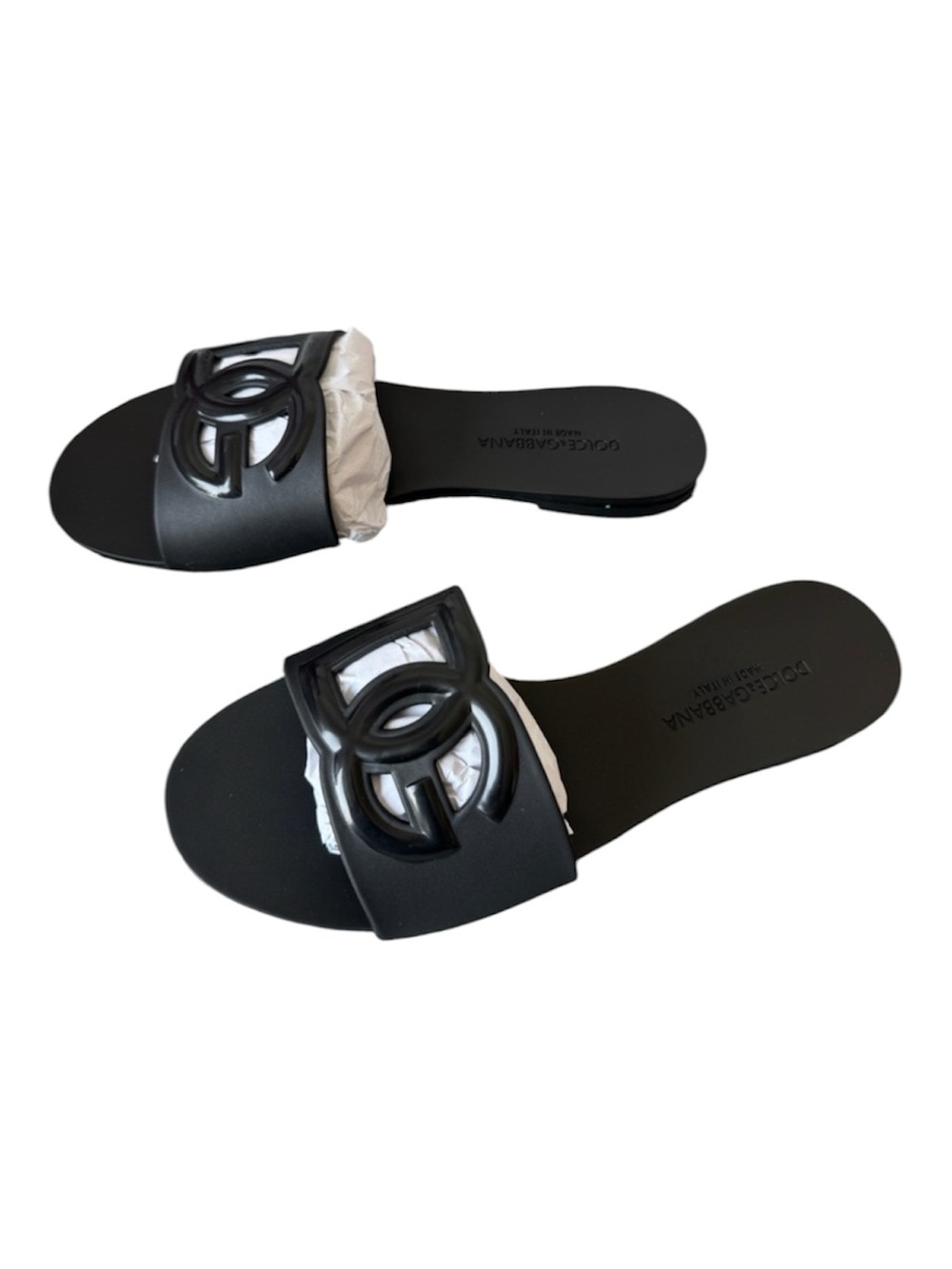 Dolce & Gabbana Bianca Black Leather DG Logo Calfskin Slides Sandals 37 NEW - Picture 6 of 9